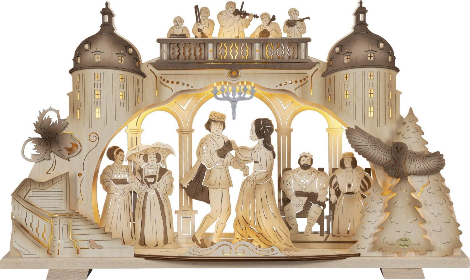 Schwibbogen „Drei Haselnüsse für Aschenbrödel“ aus Holz mit Märchenszene und Schloss von Saico