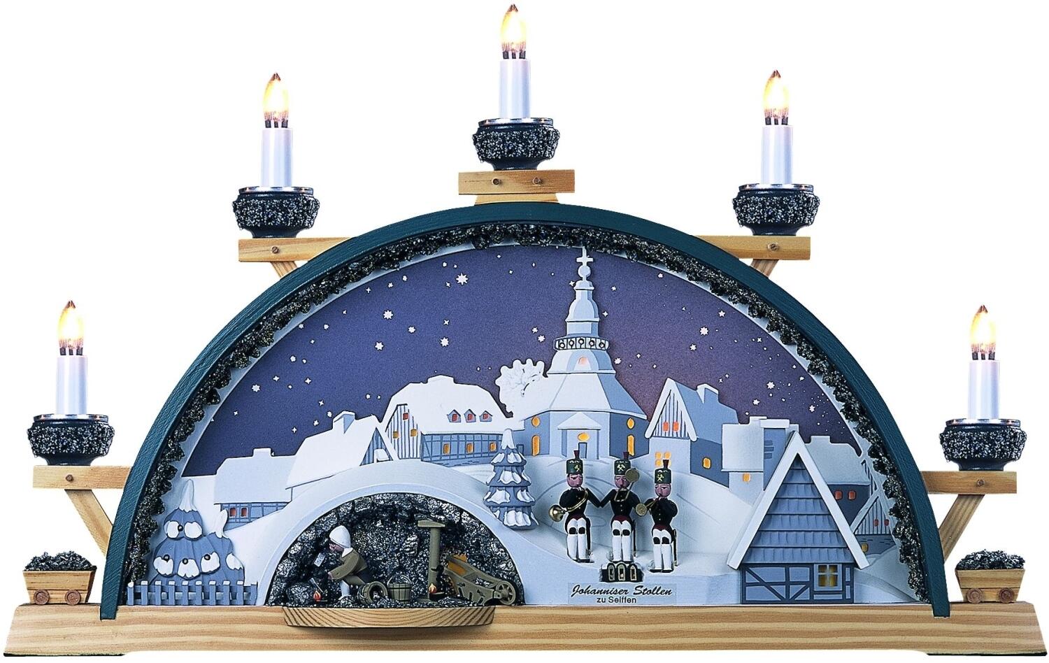 Schwibbogen winterliche Szene mit Kirche und Bergleuten aus Holz mit 7 elektrischen Kerzen von