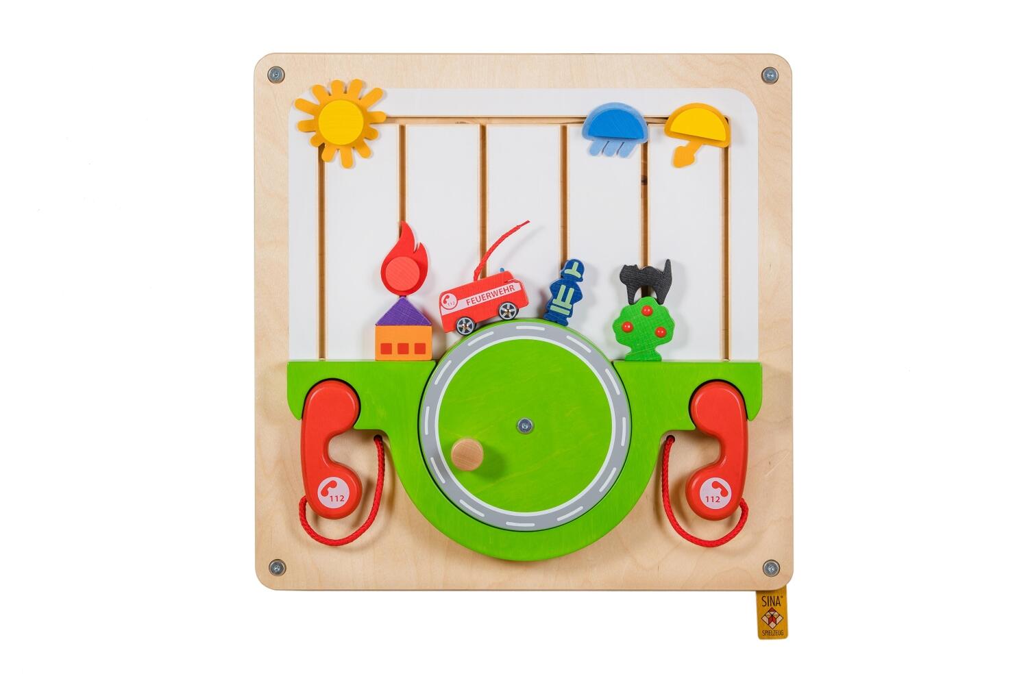 Holzspielzeug Wandspiel Feuerwehr von SINA Spielzeug GmbH mit drehbarem Element, Schiebern und