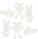 Baumschmuck – 6 Anhänger mit Hasenfiguren aus Plauener Spitze filigran gestaltet – BxHxT 9 x 11 x