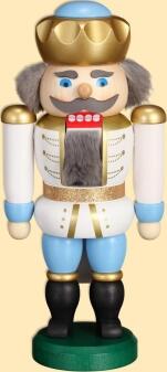Nußknacker – majestätischer König mit goldener Krone in Weiß-Blau aus Holz, handbemalt von Seiffener