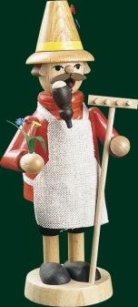 Räucherfigur – liebevoller Gärtner mit Rechen, Blumenstrauß und roter Jacke – H = 16 cm