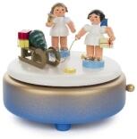Spieluhr – zauberhafte Engel mit Geschenkeschlitten, edel in Blau, Weiß und Gold – spielt „Leise