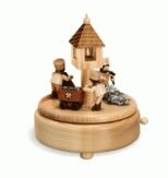 Spieluhr – detailreiche Bergmänner mit Hunt und Schubkarre, naturfarben – spielt „Glück Auf“ und