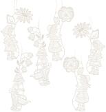 Baumschmuck – 6 filigrane Blumenkinder mit zarten Blüten aus Plauener Spitze 3 frühlingshafte Motive