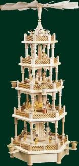 Tischpyramide Christi Geburt aus Holz mit Engeln und Spielwerk, naturfarben, vier Etagen, 70 cm,