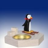 Teelichthalter – fröhlicher Pinguin auf Ski mit farbenfrohem Design, naturbelassener Holzsockel –