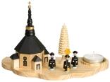 Kerzenhalter Lichthalter mit Seiffener Kirche und Kurrende dunkel Teelicht Höhe ca 13cm