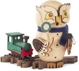 Räucherfigur – farbenfrohe Eule mit Eisenbahn und detailreicher Kelle, handgefertigt – BxHxT = 19 x 