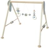 Babyspielgerät – fröhlicher Bär mit bunten Perlen und Holzglocken in blau-natur – BxHxT 62 x 54,5 x 