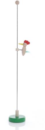 Holzspielzeug – Klopfvogel Pickhahn mit bunter Feder an der Stange - Ansicht Rechts - Hergestellt im Erzgebirge