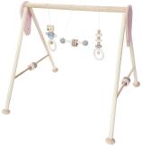 Babyspielgerät – liebevoll gestaltetes Trapez in Rosa und Natur mit bunten Figuren und Glocken –