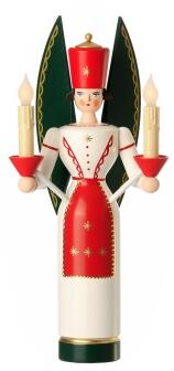 Lichterfigur – farbiger Engel mit dunkelgrünen Flügeln und elektrischen Kerzen – BxHxT 16,5x36x12cm