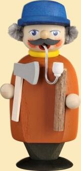 Räucherfigur Holzsammler mit Axt und Pfeife, detailreich bemalte Holzfigur von Seiffener Volkskunst 
