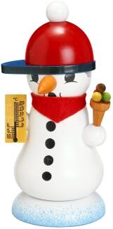 Räucherfigur fröhlicher Schneemann mit rotem Basecap, Thermometer und Eistüte aus Holz von