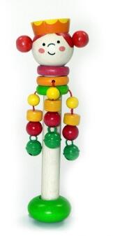 Holzspielzeug – farbenfroher Schellenstab mit fröhlicher Prinzessin, bunt gestaltet – BxHxT = 6 x 18
