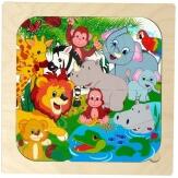 Holzpuzzle – farbenfrohe Dschungeltiere mit 16 Teilen – BxHxT 24 x 0.5 x 24 cm