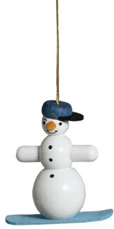 Baumbehang – Handgefertigter Schneemann mit Snowboard und Faden aus Holz – Höhe ca. 5 cm