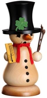Räucherfigur Schneemann aus Holz mit Zylinder, Pfeife und Kleeblatt von Erzgebirgische Volkskunst