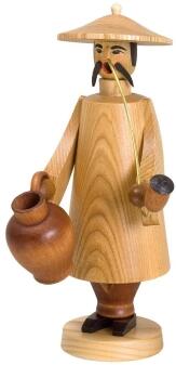 Räuchermann authentischer Chinese mit Pfeife und Krug, naturfarbene Holzfigur von Jan Stephani