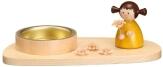 Teelichthalter – filigraner Engel mit goldenem Stern, gelb auf Holzsockel – BxHxT = 13 x 4,5 x 5,5