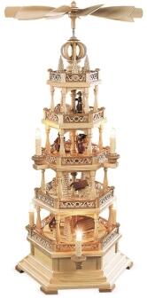 Tischpyramide – naturbelassen 4-stöckige mit Erzgebirgsmotiven und elektrischer Beleuchtung – BxHxT 