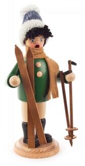Räuchermann – fröhlicher Skifahrer mit roten Anzug und blauer Mütze, handbemalt – HxB = 21 x 10 cm