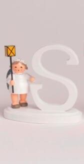 Miniaturfigur – liebevoll gestalteter Engel mit stilisiertem Buchstabe S, weißes Kleid und blaue
