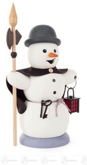 Räuchermann – detailreicher Schneemann Nachtwächter mit Besen und Laterne, weiß-blau – BxHxT = 6 x
