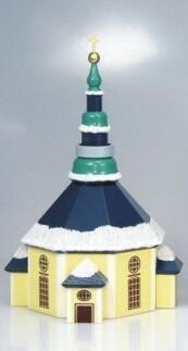 Tischdekoration – detailreiche Seiffener Kirche mit verschneiten Akzenten, bunt gestaltet – H = 20