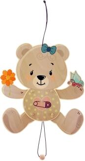 Holzspielzeug – fröhlicher Hampelmann Bär mit rotem Hut & naturfarben – BxHxT 23,5 x 26 x 2,5 cm