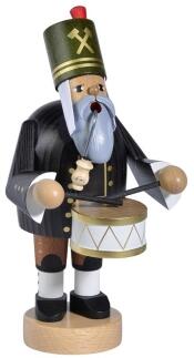 Räuchermann – detailreicher Bergmann mit grüner Uniform, Trommel und Pfeife – BxHxT = 10 x 20 x 9 cm