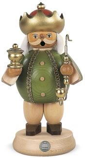 Räuchermann – detailreicher Caspar, grün gekleidet mit Pfeife und Gaben, handgefertigt – BxHxT = 11 