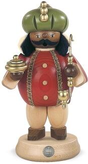 Räuchermann – detailreicher Balthasar mit Pfeife und Gaben, bunt bemalt – BxH = 11 x 18 cm