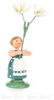 Blumenmädchen – fröhliche Frühlingsfigur mit Sternmiere, handbemalt und bunt – HxB = 11 x 5 cm