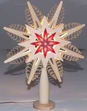 Baumspitze LED Natur/Rot mit 8 gestochenen Bäumchen & Mittig Sterne - Beidseitig - Ansicht Beleuchtet - Sockel ist dabei