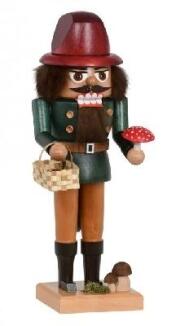 Nussknacker – rustikaler Pilzsammler mit rotem Mantel und braunem Hut, filigran gestaltet – BxHxT = 