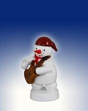 Miniaturfigur &ndash; liebevoll bemalter Schneemann mit bunter E-Gitarre und Zylinder, mehrfarbig