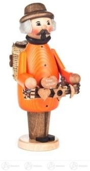 Räuchermann Pfefferkuchenhändler aus Holz mit Bauchladen voller Lebkuchenherzen und Rucksack von