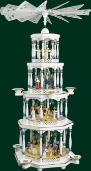 Tischpyramide – detailreiche Geburt Christi mit bunten Figuren und drehenden Engeln aus Holz,