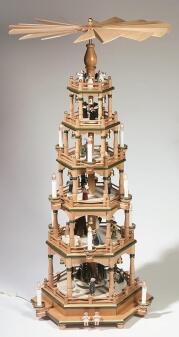 Tischpyramide festliche Kurrende mit Weihnachtsfiguren, 5-stöckige Holzpyramide aus dem Erzgebirge, 