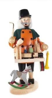 Räuchermann – detailreicher Schwibbogenhändler mit Pfeife und handbemalten Accessoires in Rot-Grün –