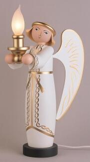 Lichterengel – liebevoll bemalt mit goldener Krone, weißem Kleid und elektrischer Kerze – BxHxT = 16
