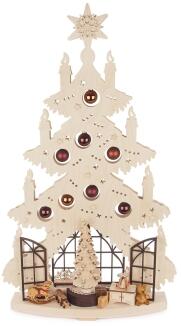 Schwibbogen – detailreiche Tanne mit Weihnachtsstube, Mini-Pyramide und warmweißen LEDs Natur –