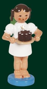 Engel mit Schokotorte aus dem Erzgebirge, detailreich bemalte Holzfigur von Richard Glässer,