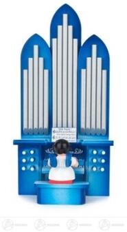 Engel an der Orgel sitzend, blaue Flügel Breite x Höhe x Tiefe 9,5 cmx18,5 cmx7,5 cm