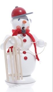 Räucherfigur - Räuchermann Schneemann Rot mit Hörnerschlitten - Ansicht Vorne - Hergestellt im