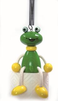 Schwingfigur – farbiger Frosch mit buntem Design und Kordelarmen – BxHxT 10 x 12 x 7 cm