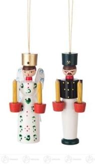 Baumschmuck Engel und Bergmann aus Holz von Dregeno, erzgebirgische Hängefiguren mit Kerzenhaltern, 