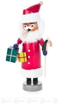 Räuchermann Weihnachtsmann mit rotem Mantel und Glocke, handgefertigte Holzfigur mit Geschenken von 